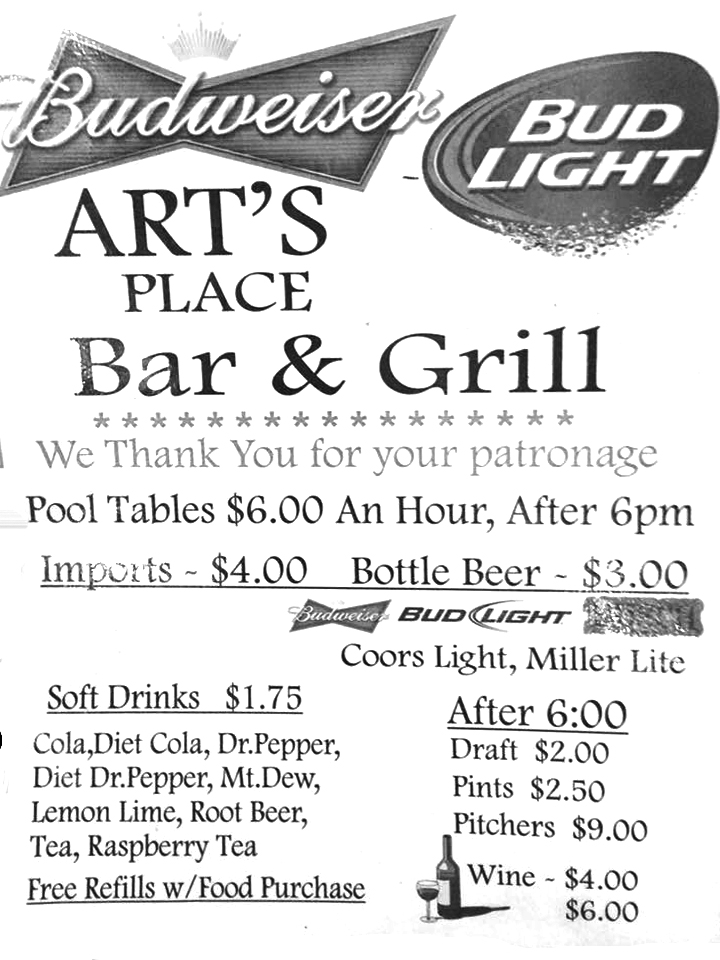 Art's Place Bar & Grill Fayetteville Menu