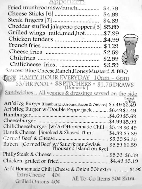 Art's Place Bar & Grill Fayetteville Menu