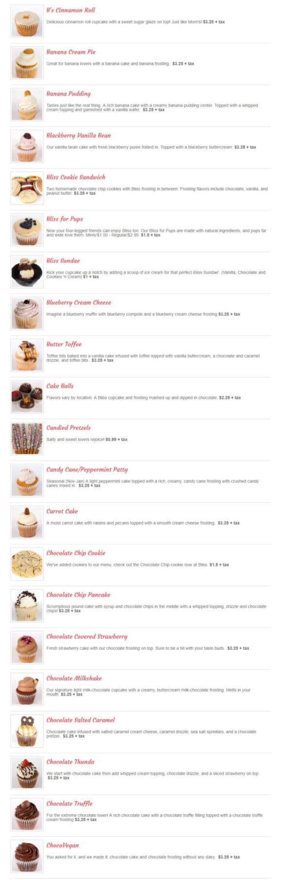 Bliss Cupcake Cafe Menu 1