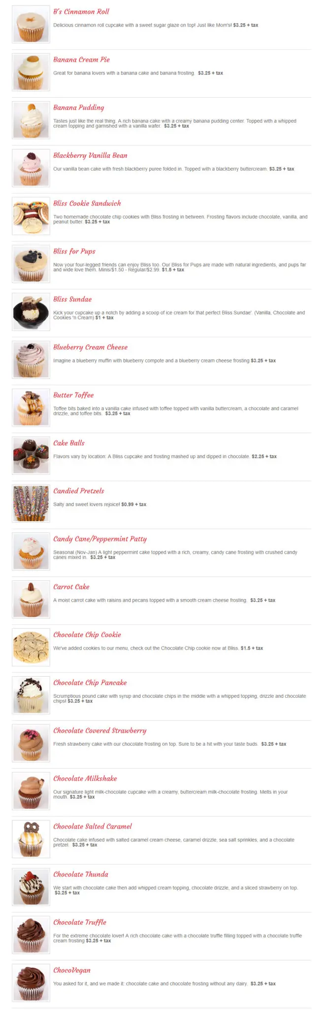 Bliss Cupcake Cafe Menu 1