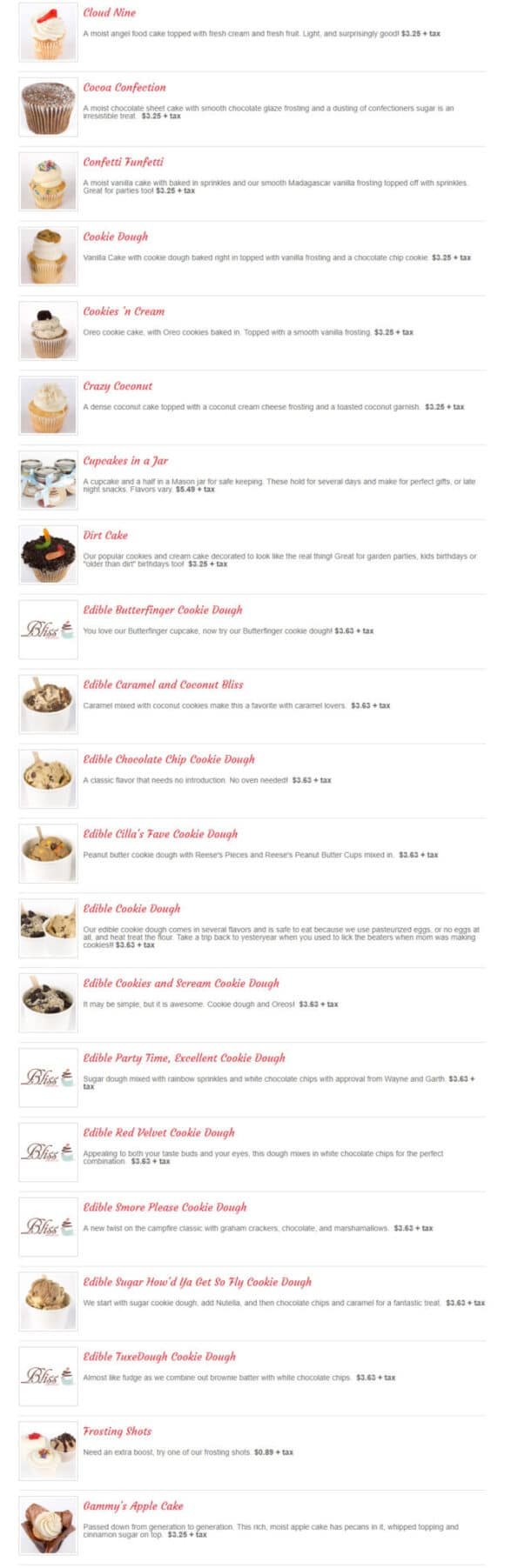 Bliss Cupcake Cafe Menu 2