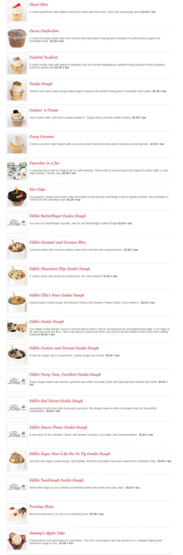 Bliss Cupcake Cafe Menu 2