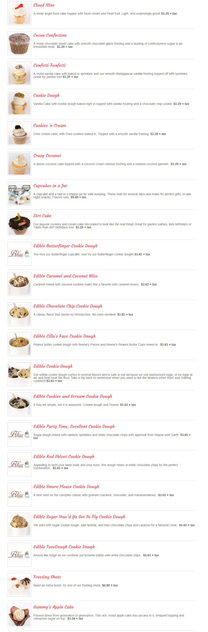 Bliss Cupcake Cafe Menu 2
