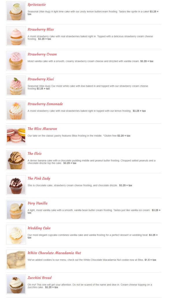 Bliss Cupcake Cafe Menu 6