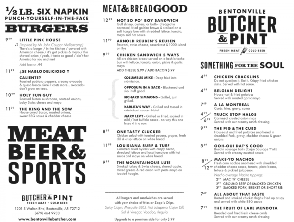Bentonville Butcher & Pint Menu