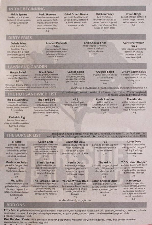 Parkside Public Menu Rogers Page 1