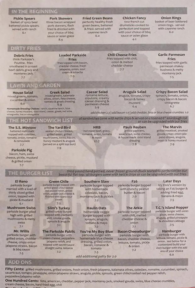 Parkside Public Menu Rogers Page 1