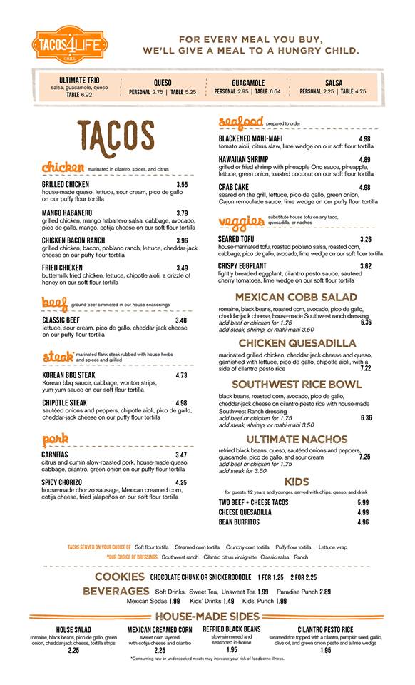 Tacos 4 Life Menu With Prices