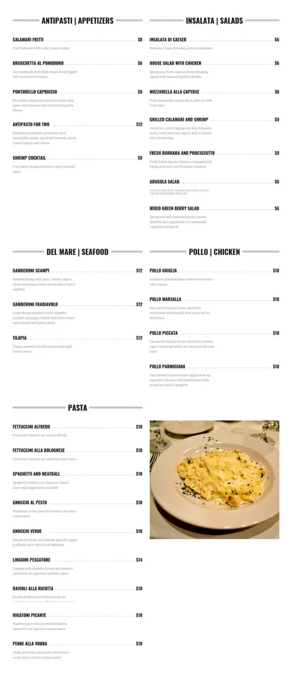 Capriccio Ristorante Rogers Dinner Menu