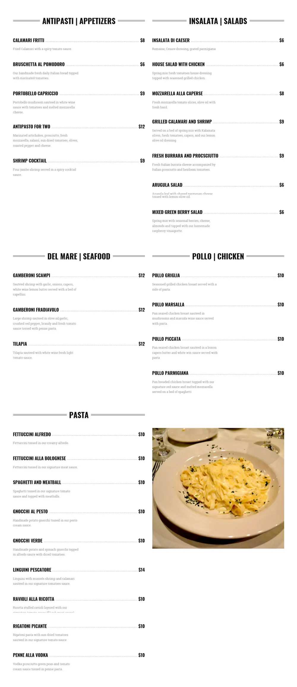 Capriccio Ristorante Rogers Dinner Menu