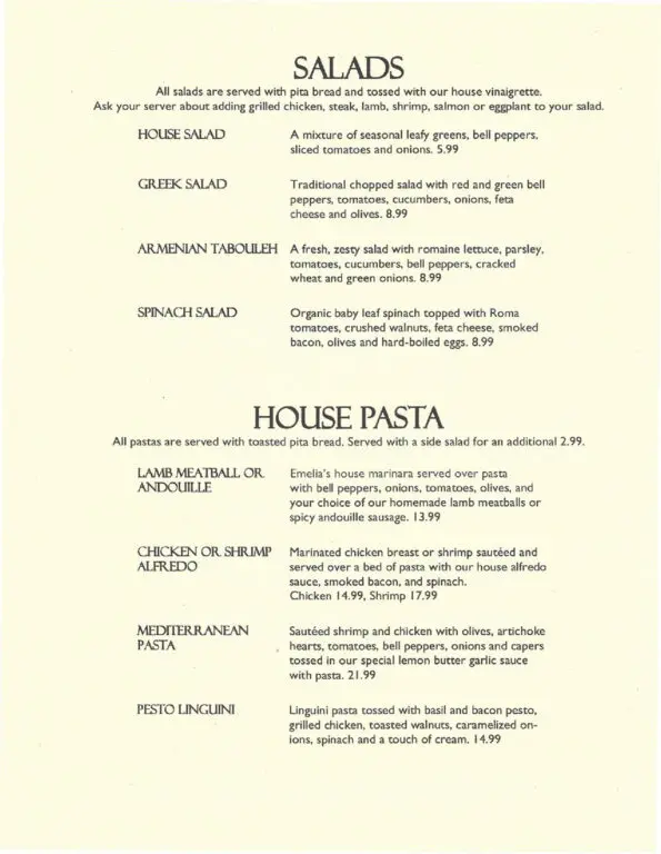 Emelia's Kitchen Fayetteville Menu 2