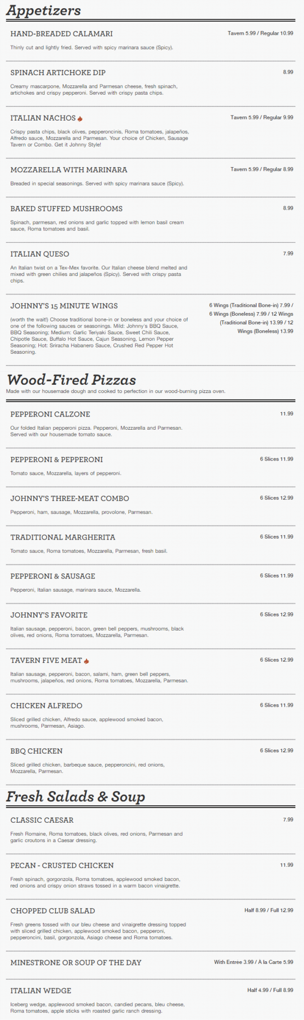 Johnny Carino's Rogers Menu 1