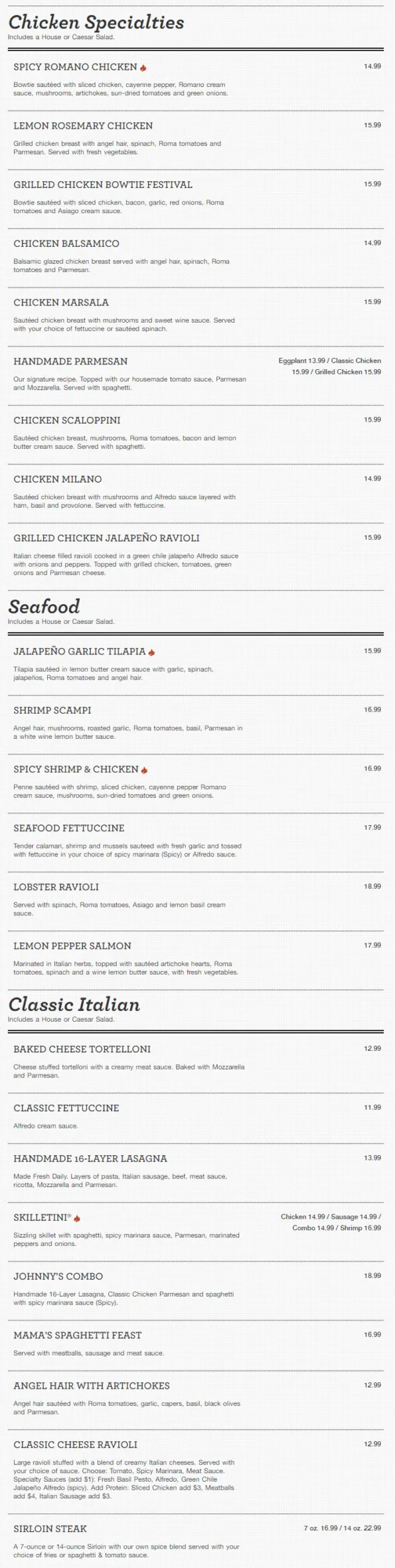 Johnny Carino's Rogers Menu 2