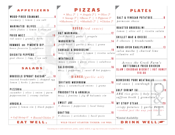 Oven and Tap Bentonville Dinner Menu