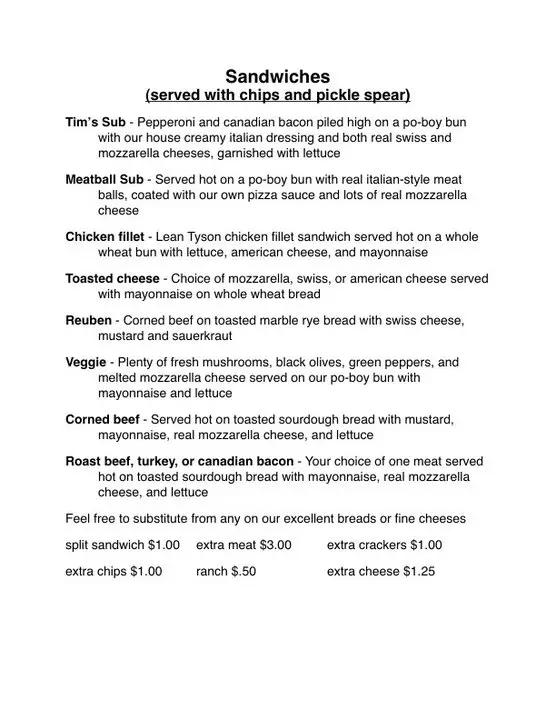 Tiny Tim's Pizza Menu Page 1