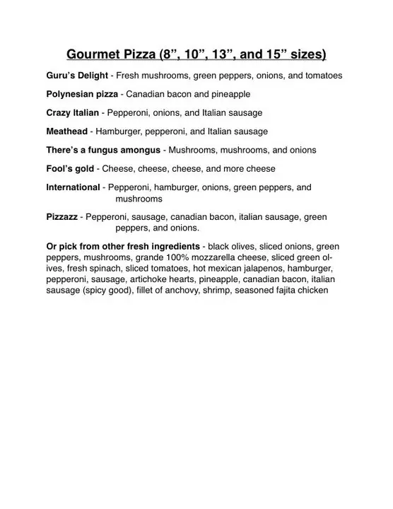 Tiny Tim's Pizza Menu Page 3