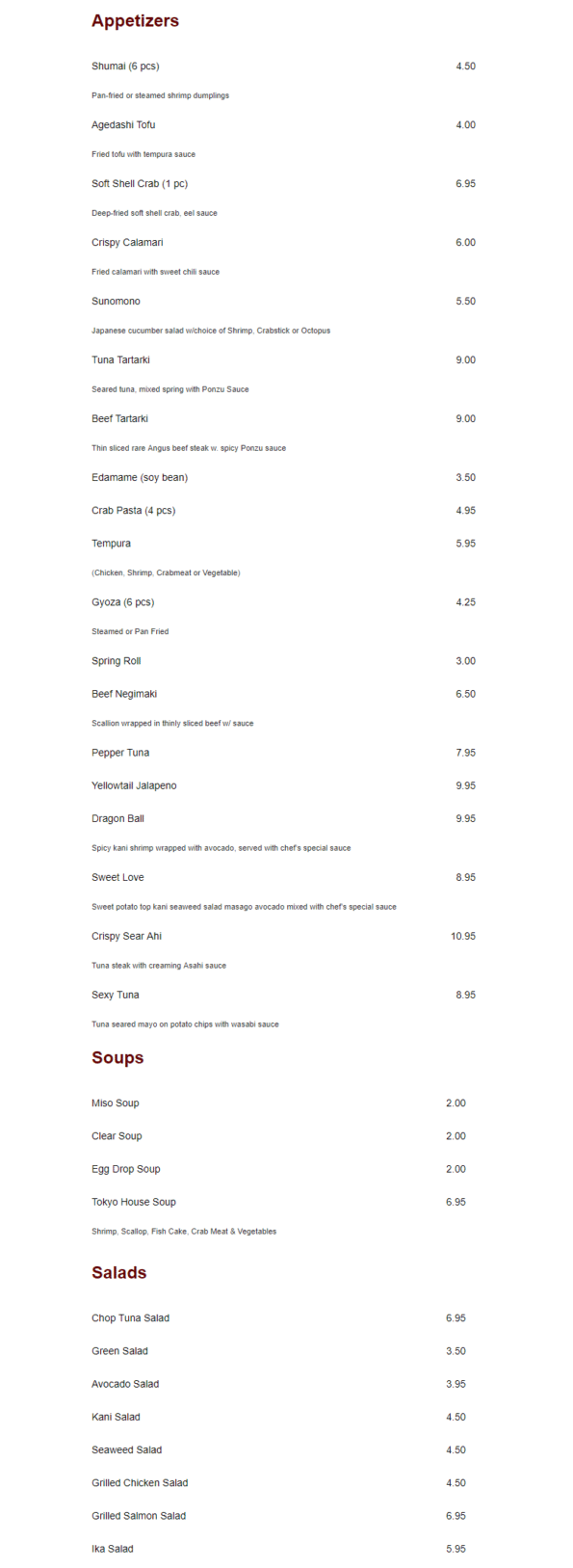 Tokyo House of Rogers Menu 1