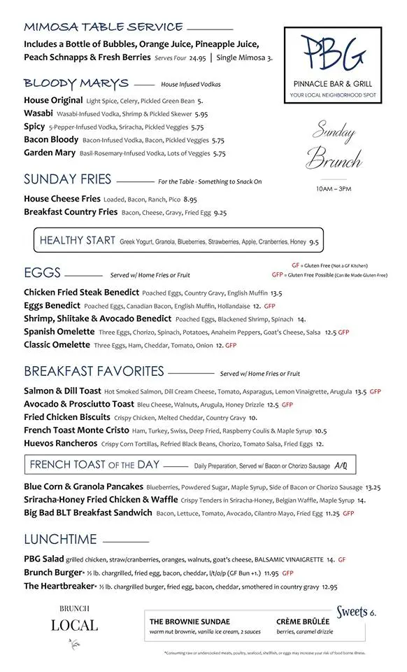 Pinnacle Bar and Grill Brunch Menu