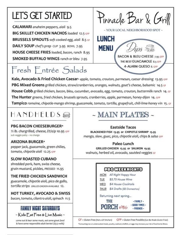 Pinnacle Bar and Grill Lunch Menu