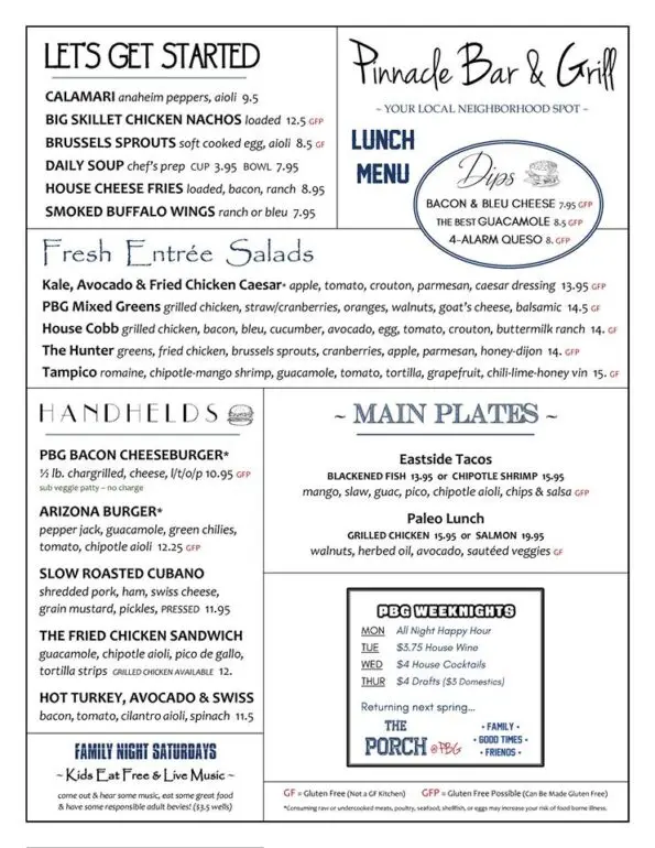 Pinnacle Bar and Grill Lunch Menu