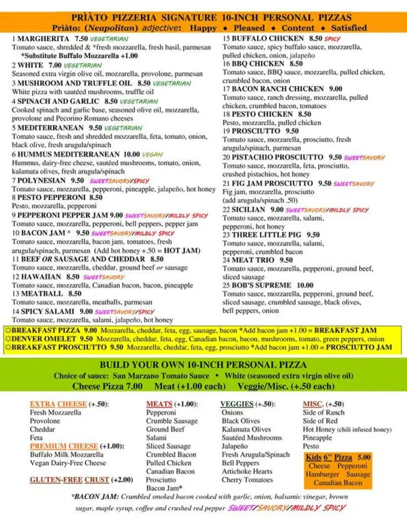 Priato Pizzeria Food Truck Bentonville Menu