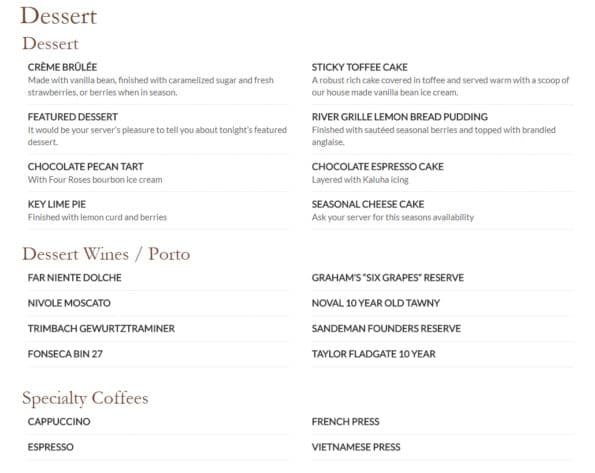 River Grille Bentonville Dessert Menu