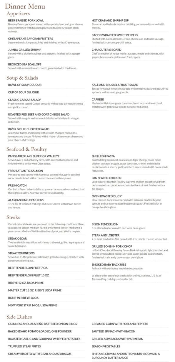 River Grille Bentonville Dinner Menu