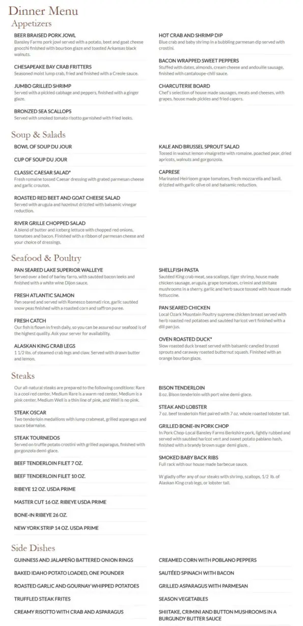 River Grille Bentonville Dinner Menu