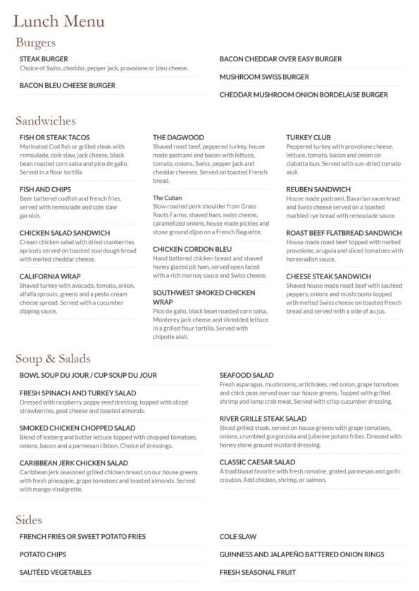 River Grille Bentonville Lunch Menu