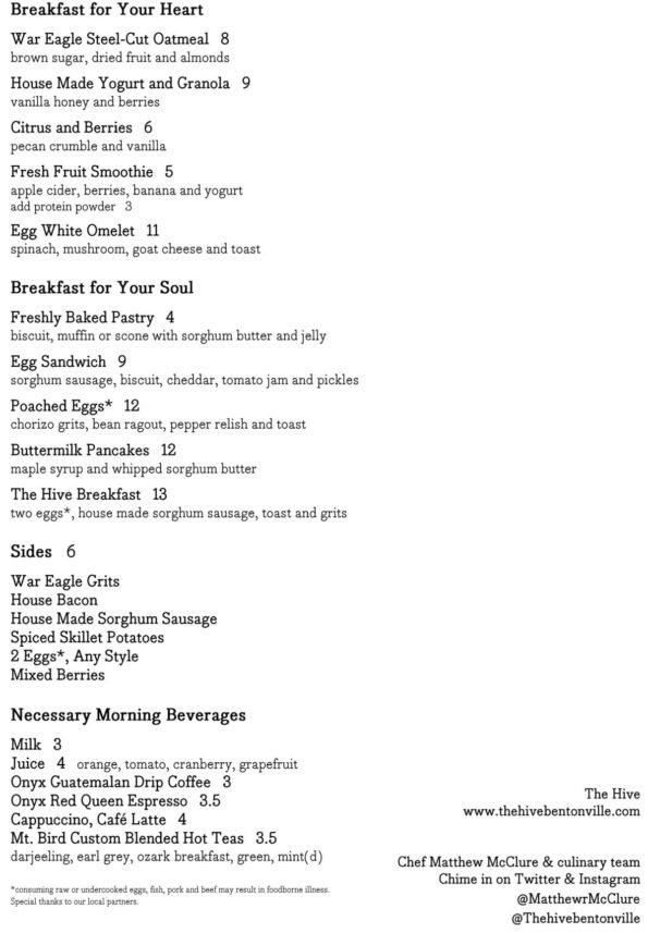 The Hive Bentonville Breakfast Menu