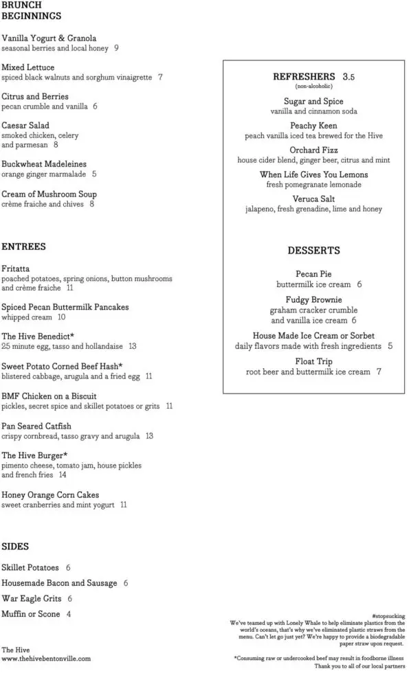 The Hive Bentonville Brunch Menu