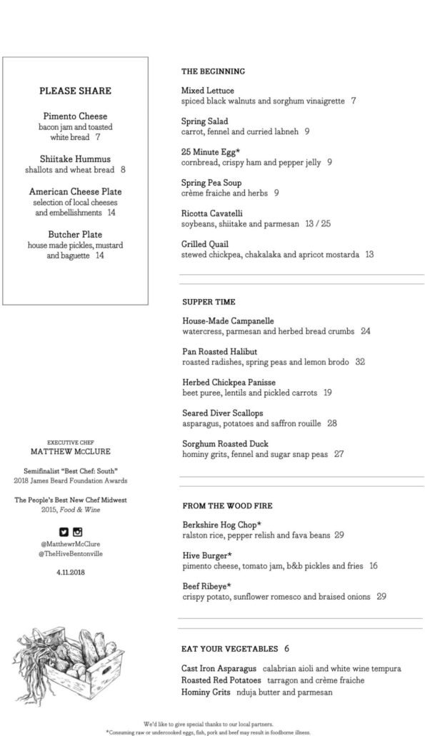 The Hive Bentonville Dinner Menu