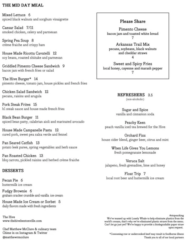 The Hive Bentonville Lunch Menu