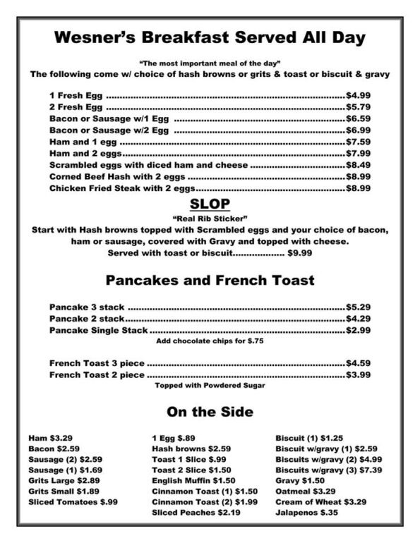 Wesners Grill Rogers Menu 2