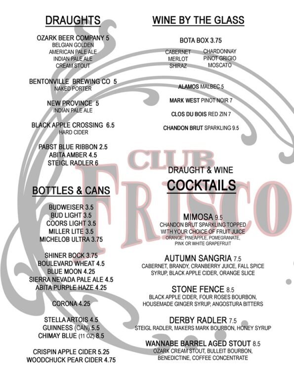 Club Frisco Rogers Menu