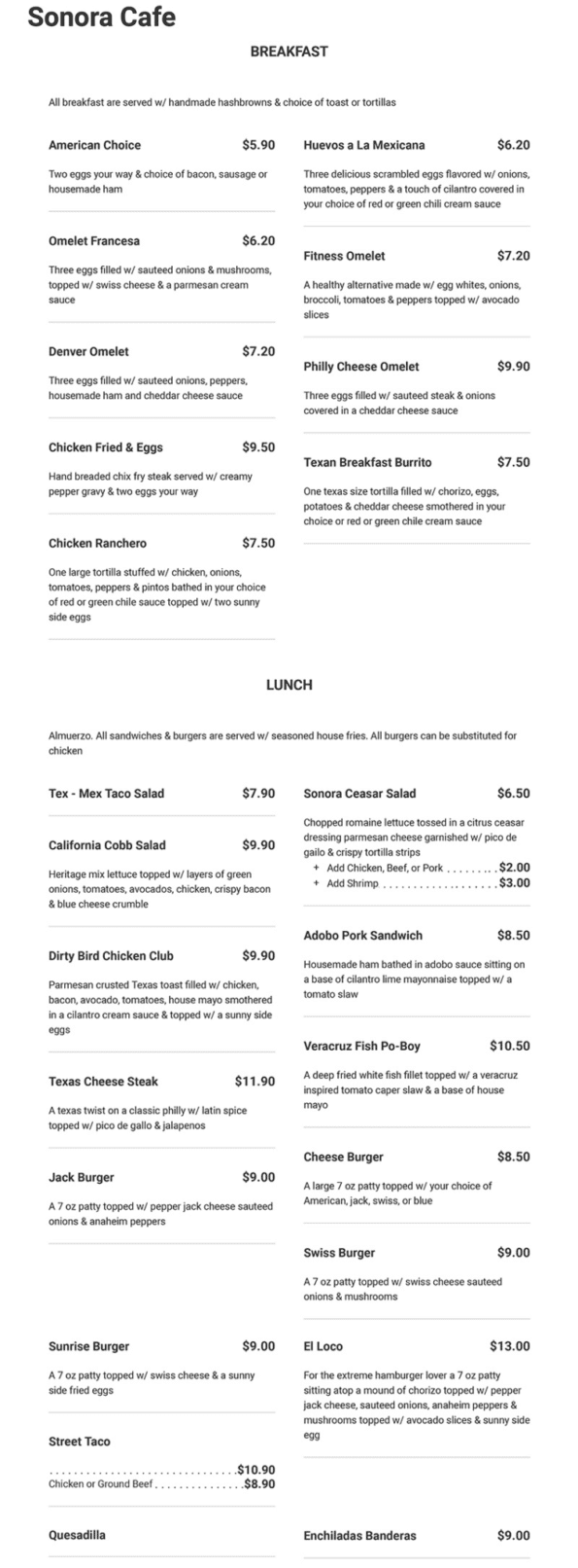 Sonora Cafe Springdale Menu
