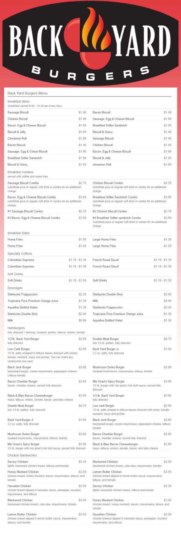 Back Yard Burgers Menu Rogers Arkansas