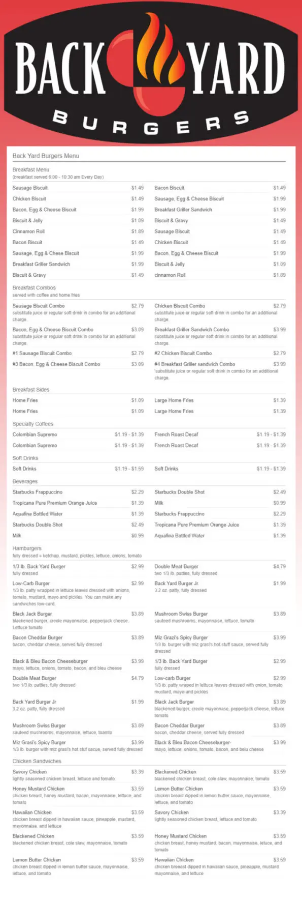 Back Yard Burgers Menu Rogers Arkansas