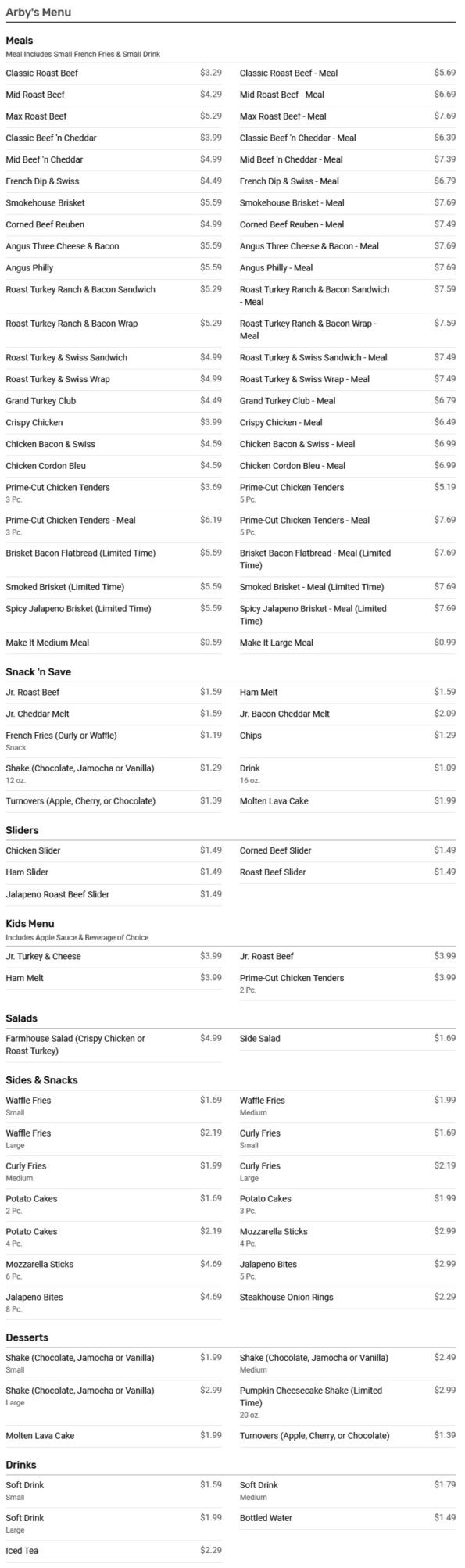 Arby's Menu