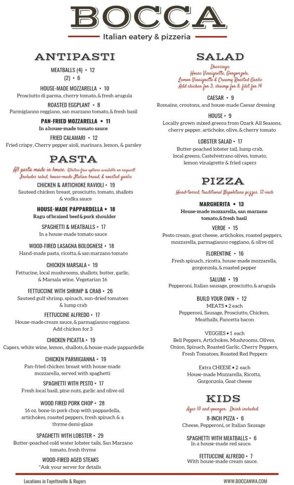 Bocca Italian Eatery & Pizzeria Dinner Menu