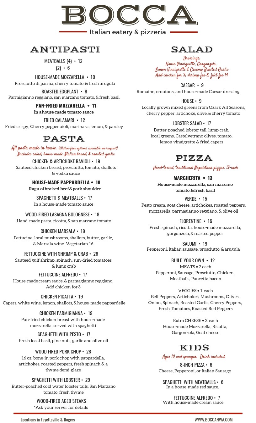 Bocca Italian Eatery & Pizzeria Dinner Menu