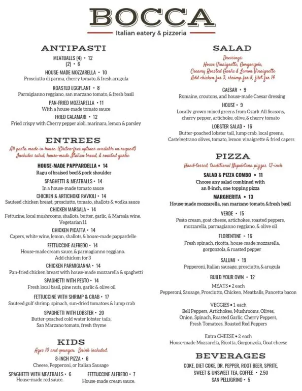 Bocca Italian Eatery & Pizzeria Lunch Menu