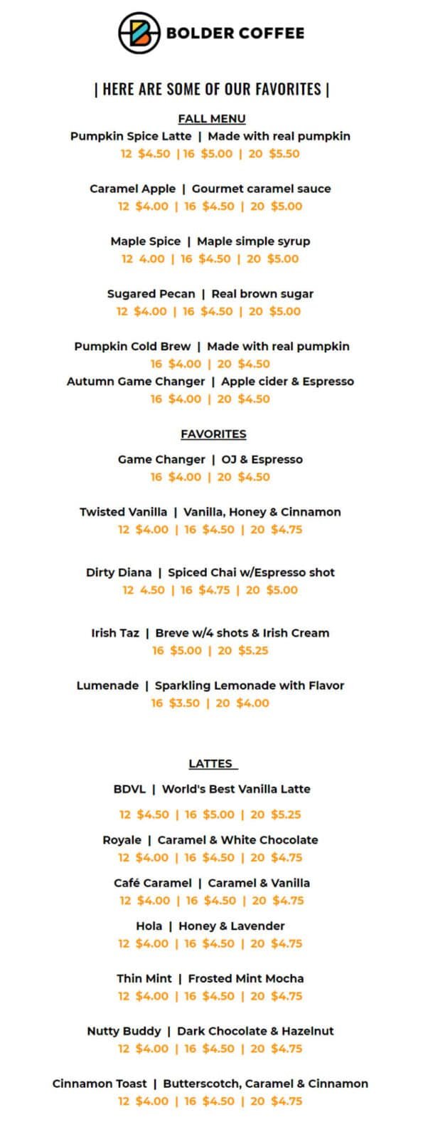 Bolder Coffee Menu