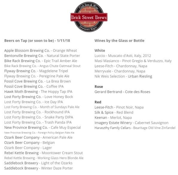 Brick Street Brews Menu