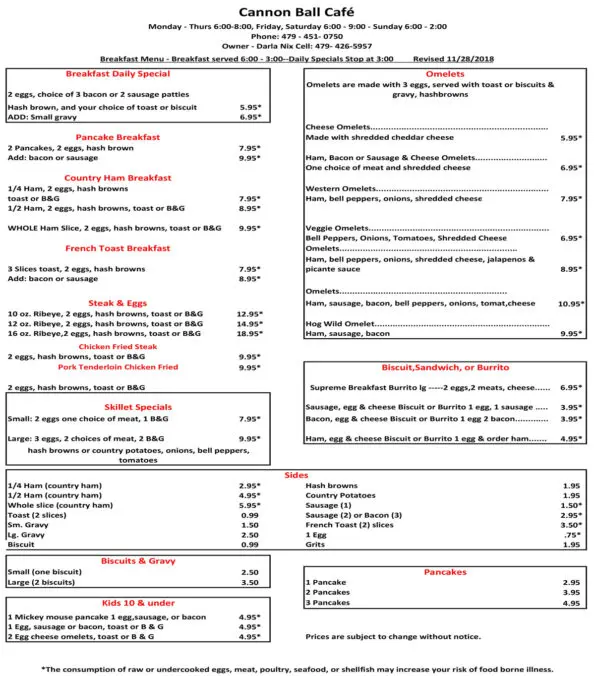 Cannonball Cafe Pea Ridge Menu