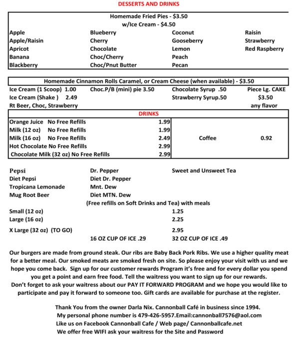 Cannonball Cafe Pea Ridge Menu