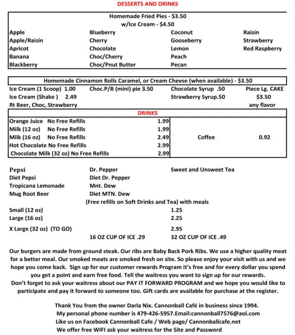 Cannonball Cafe Pea Ridge Menu
