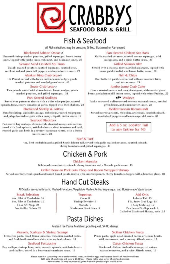 Crabbys Dinner Menu