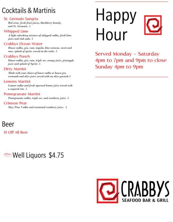 Crabbys Happy Hour Menu
