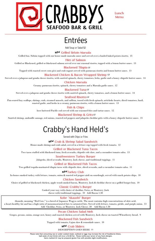 Crabbys Lunch Menu